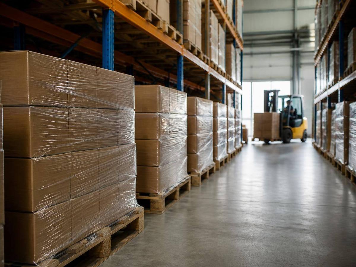 Pallets of IT hardware on racking in a distribution warehouse aisle