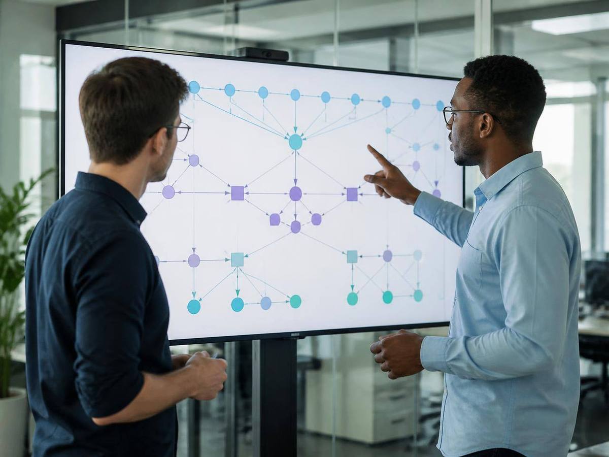 YOT LTD engineers reviewing a network topology diagram during technical pre-sales