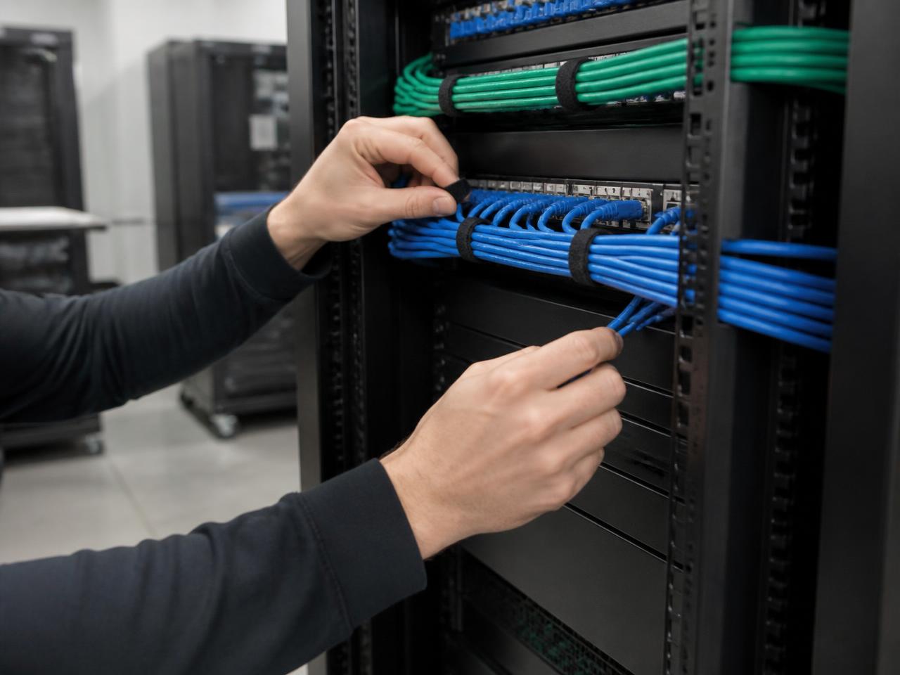 Technician cable-managing a 19-inch server rack in the YOT LTD staging facility